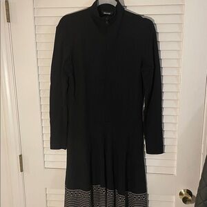 Isabel de Pedro Black Streamline Midi Dress with Patterned Swing Hem